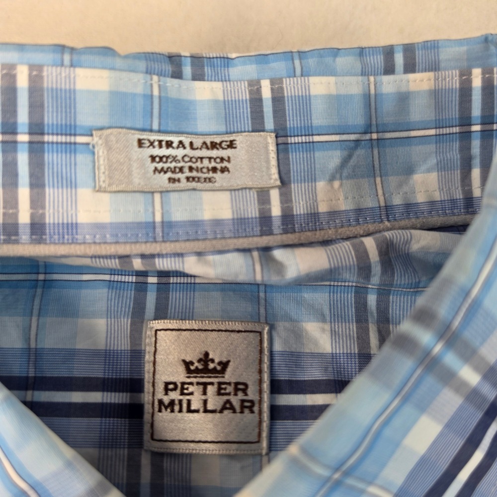 Peter Millar Button Down Shirt Men XL Blue Plaid Short Sleeve Cotton Pocket - Picture 3 of 8